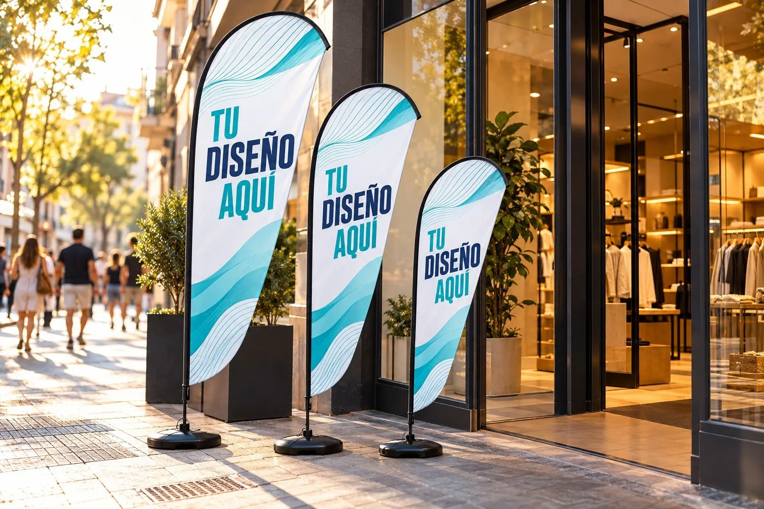 Fly banners personalizados en la entrada de una tienda
